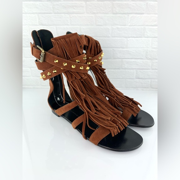 Giuseppe Zanotti Suede Studded Gladiator Sandals Brown Size 39 - Picture 5 of 16
